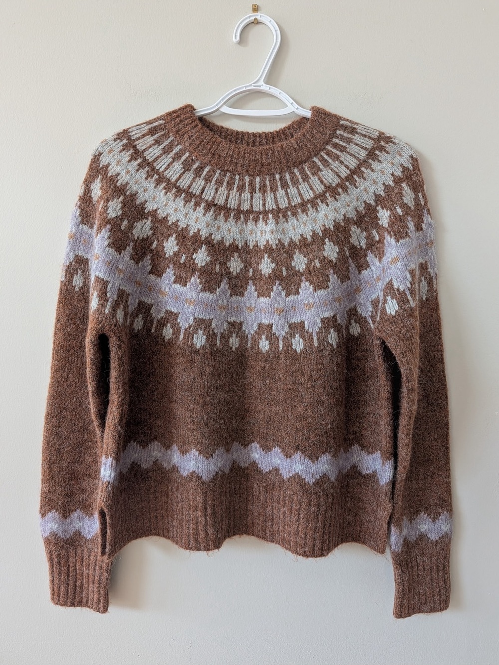 Joie Brown Fair Isle Crewneck Sweater with Cream Pattern